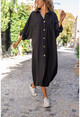 Kadın Siyah Keten Yarasa Kol Salaş Cepli Gömlek Elbise Bst3282