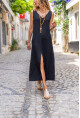 Kadın Siyah Müslin V Yaka Önden Yırtmaçlı Uzun Salaş Elbise Bst3419