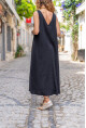 Kadın Siyah Müslin V Yaka Önden Yırtmaçlı Uzun Salaş Elbise Bst3419