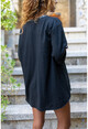 Kadın Siyah Pul İşlemeli Yıkamalı Keten Cepli Salaş Gömlek RSD2080