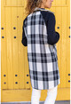 Kadın Siyah Raglan Kol Cepli Düğmeli Ekose Garnili Ceket GK-BST3193