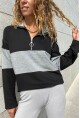 Kadın Siyah Yakası Fermuarlı Color Block Polo Yaka Salaş Sweatshirt Bst3471