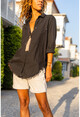 Womens Black Side Buttoned Skirt Tasseled Shirt AYN1666