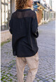 Womens Black Washed Linen Mesh Detailed Half Pop Blouse RSD3000