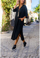 Kadın Siyah Yıkamalı Keten Yarım Patlı Cepli Elbise GK-RSD2083