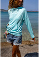 Womens Turquoise Kangaroo Pocket Hooded Printed Back Soft Textured Sweatshirt BST3171