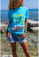 Womens Turquoise Color Printed Oversize T-Shirt Dv2