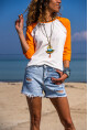Kadın Turuncu-Beyaz Raglan Kol Color Block Bluz 1St7