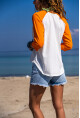 Kadın Turuncu-Beyaz Raglan Kol Color Block Bluz 1St7