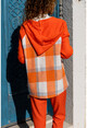 Womens Orange Pocket Hooded Raglan Sleeve Plaid Jacket Cardigan GK-BST3194