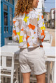 Womens Orange Patterned Poplin Crop Jacket Bst3227