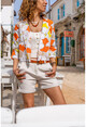 Womens Orange Patterned Poplin Crop Jacket Bst3227