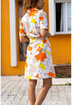 Womens Orange Half-Pleat Patterned Self Belt Poplin Dress Bst3226