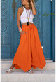 Womens Orange Washed Linen Elastic Waist Asymmetric Cut Tied Loose Trousers Rsd3033