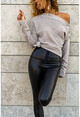 Womens Mink Shoulder Buttoned Self-Textured Glittery Slim Knitted Blouse GK-BST2995