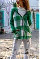 Womens Green Pocket Hooded Raglan Sleeve Plaid Jacket Cardigan GK-BST3194
