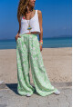 Kadın Yeşil Keten Beli Lastikli Cepli Bol Paça Salaş Pantolon BST3369