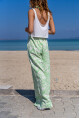 Kadın Yeşil Keten Beli Lastikli Cepli Bol Paça Salaş Pantolon BST3369
