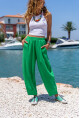 Kadın Yeşil Müslin Beli Lastikli Cepli Salaş Pantolon Bst3416
