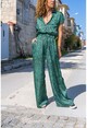 Womens Green Satin Waist Elastic Waist Pocket Wide Leg Jumpsuit BST3235