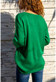 Womens Green V-Neck Loose Soft Textured Basic Sweater GK-CCK7090