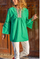 Kadın Yeşil Yakası Etnik Detaylı Yarasa Kol Bluz 1St11