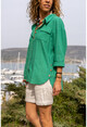 Kadın Yeşil Yıkamalı Keten Yanı Düğmeli Çift Cep Salaş Gömlek Gk-Rsd3013