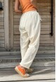 Kadın Bej Beli Lastikli Yıkamalı Keten Görünümlü Pis Dikiş Detaylı Salaş Şalvar Pantolon RSD1196