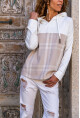 Kadın Bej Kapüşonlu Desenli Garnili Salaş Sweatshirt BST700-3565