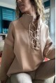Kadın Bej Yakası Bağcıklı Scuba Salaş Sweatshirt 1St24