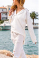 Kadın Beyaz V Yaka Kapüşonlu Arkası Uzun Scuba Salaş Sweatshirt BST700-3506