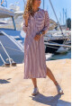 Kadın Bordo Çizgili Polo Yaka Cepli Yanı Yırtmaçlı Uzun Elbise BST700-3579