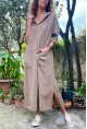 Kadın Bronz Kapüşonlu Cebi Pullu Salaş Keten Görünümlü Uzun Elbise RSD1224