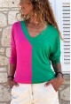 Kadın Fuşya V Yaka Color Block Bluz BST700-3587