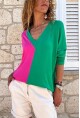 Kadın Fuşya V Yaka Color Block Bluz BST700-3587