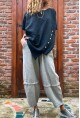 Kadın Gri Beli Lastikli Keten Görünümlü Yıkamalı Cepli Salaş Şalvar Pantolon RSD1230