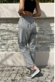 Kadın Gri Beli Lastikli Yıkamalı Keten Görünümlü Pis Dikiş Detaylı Salaş Şalvar Pantolon RSD1196