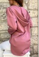 Kadın Gül Kurusu V Yaka Kapüşonlu Arkası Uzun Scuba Salaş Sweatshirt BST700-3506