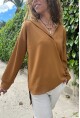 Kadın Kahverengi V Yaka Kapüşonlu Arkası Uzun Scuba Salaş Sweatshirt BST700-3506