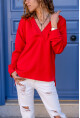 Kadın Kırmızı V Yaka Kapüşonlu Arkası Uzun Scuba Salaş Sweatshirt BST700-3506