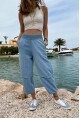 Kadın Mavi Beli Lastikli Keten Görünümlü Yıkamalı Cepli Salaş Şalvar Pantolon RSD1230