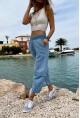 Kadın Mavi Beli Lastikli Keten Görünümlü Yıkamalı Cepli Salaş Şalvar Pantolon RSD1230