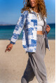 Kadın Mavi Kendinden Desenli Gabardin Düğmeli Çift Cep Ceket Gömlek BST700-3551