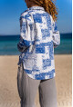 Kadın Mavi Kendinden Desenli Gabardin Düğmeli Çift Cep Ceket Gömlek BST700-3551
