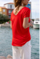 Kadın Mercan Ön Arka V Salaş T-Shirt JR500