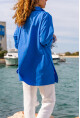 Kadın Saks Poplin Yanı Yırtmaçlı Oversize Uzun Gömlek BST700-3518