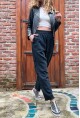 Kadın Siyah Beli Lastikli Yıkamalı Keten Görünümlü Pis Dikiş Detaylı Salaş Şalvar Pantolon RSD1196