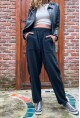 Kadın Siyah Beli Lastikli Yıkamalı Keten Görünümlü Pis Dikiş Detaylı Salaş Şalvar Pantolon RSD1196