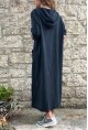 Kadın Siyah Kapüşonlu Cebi Pullu Salaş Keten Görünümlü Uzun Elbise RSD1224