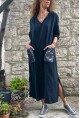 Kadın Siyah Kapüşonlu Cebi Pullu Salaş Keten Görünümlü Uzun Elbise RSD1224